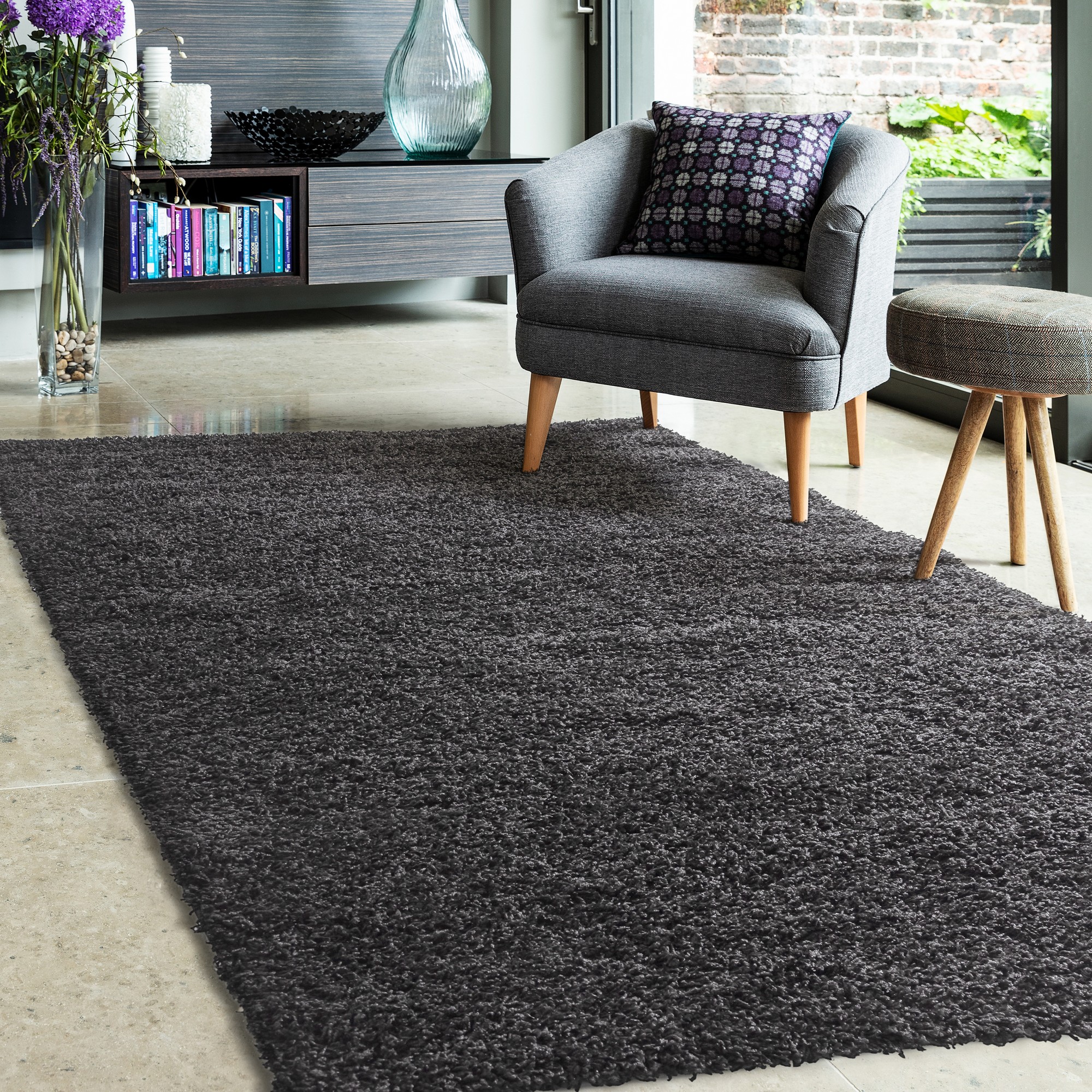 Jazz Shaggy Plain Modern Rugs In Anthracite Grey